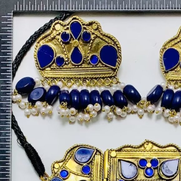 Blue Jewelry Set, Statement Choker Necklace With Earrings, Pearls Jewelry, - Picture 8 of 9